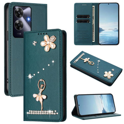 Ballet Girl Diamond Studded RFID Vegan Leather Phone Case, For Realme GT 7 Pro 5G / GT7 Pro Racing, For Realme C63 5G Global, For Realme 12 5G Global / 12x 5G Global, For Realme Note 60 4G Global, For Realme 13+ 5G Global                               ...