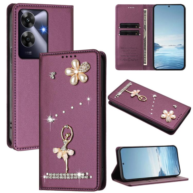 Ballet Girl Diamond Studded RFID Vegan Leather Phone Case, For Realme GT 7 Pro 5G / GT7 Pro Racing, For Realme C63 5G Global, For Realme 12 5G Global / 12x 5G Global, For Realme Note 60 4G Global, For Realme 13+ 5G Global                               ...