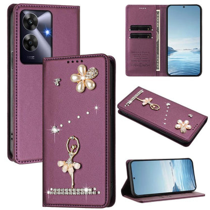 Ballet Girl Diamond Studded RFID Vegan Leather Phone Case, For Realme GT 7 Pro 5G / GT7 Pro Racing, For Realme C63 5G Global, For Realme 12 5G Global / 12x 5G Global, For Realme Note 60 4G Global, For Realme 13+ 5G Global                               ...