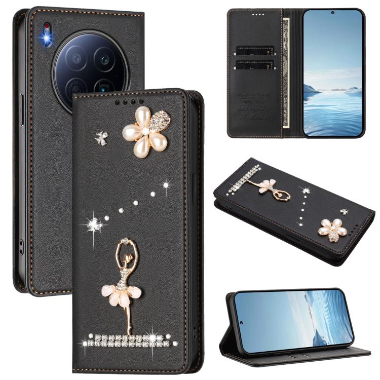 Ballet Girl Diamond Studded RFID Vegan Leather Phone Case, For Tecno Spark Go 1, For Tecno Camon 40 Pro, For Tecno Camon 40 Premier, For Tecno Camon 40, For Tecno Spark 30C 5G / Pop 9 5G, For Tecno Camon 30S / 30S Pro                                   ...