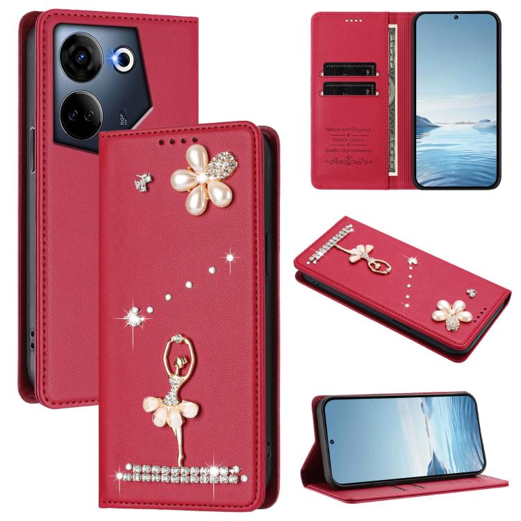 Ballet Girl Diamond Studded RFID Vegan Leather Phone Case, For Tecno Camon 20 Premier, For Tecno Camon 20 Pro 5G, For Tecno Camon 20 Pro 4G / Camon 20 4G, For Tecno Pop 7 Pro, For Tecno Spark 10 5G, For Tecno Spark 10C / Spark 10                       ...