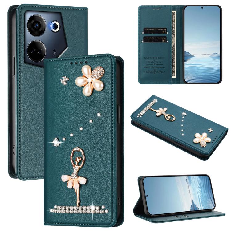 Ballet Girl Diamond Studded RFID Vegan Leather Phone Case, For Tecno Camon 20 Premier, For Tecno Camon 20 Pro 5G, For Tecno Camon 20 Pro 4G / Camon 20 4G, For Tecno Pop 7 Pro, For Tecno Spark 10 5G, For Tecno Spark 10C / Spark 10                       ...