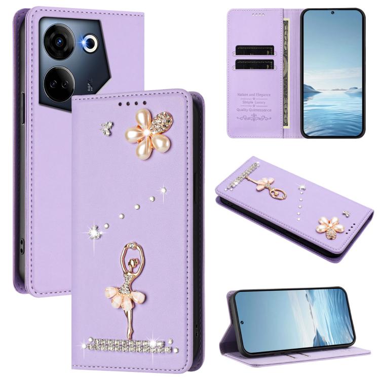 Ballet Girl Diamond Studded RFID Vegan Leather Phone Case, For Tecno Camon 20 Premier, For Tecno Camon 20 Pro 5G, For Tecno Camon 20 Pro 4G / Camon 20 4G, For Tecno Pop 7 Pro, For Tecno Spark 10 5G, For Tecno Spark 10C / Spark 10                       ...