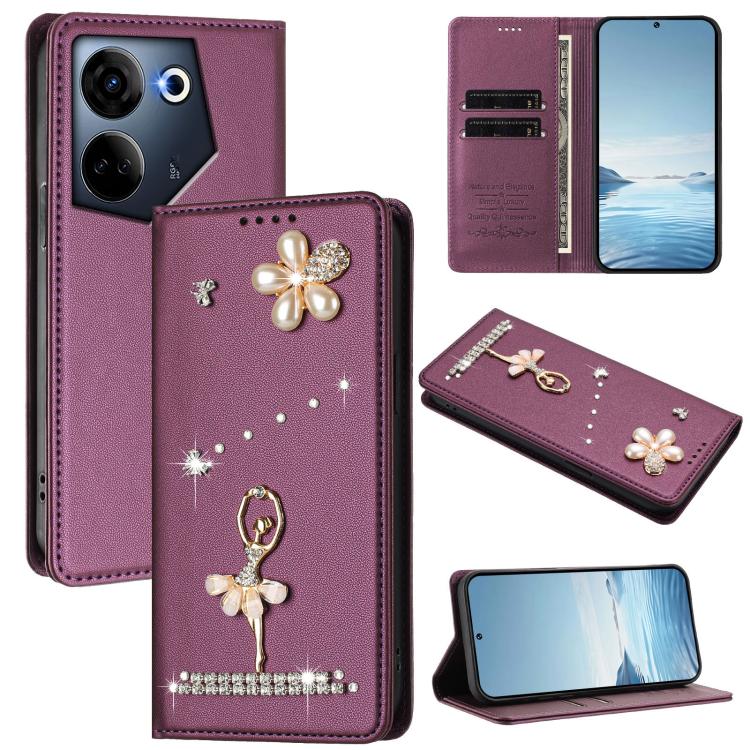 Ballet Girl Diamond Studded RFID Vegan Leather Phone Case, For Tecno Camon 20 Premier, For Tecno Camon 20 Pro 5G, For Tecno Camon 20 Pro 4G / Camon 20 4G, For Tecno Pop 7 Pro, For Tecno Spark 10 5G, For Tecno Spark 10C / Spark 10                       ...