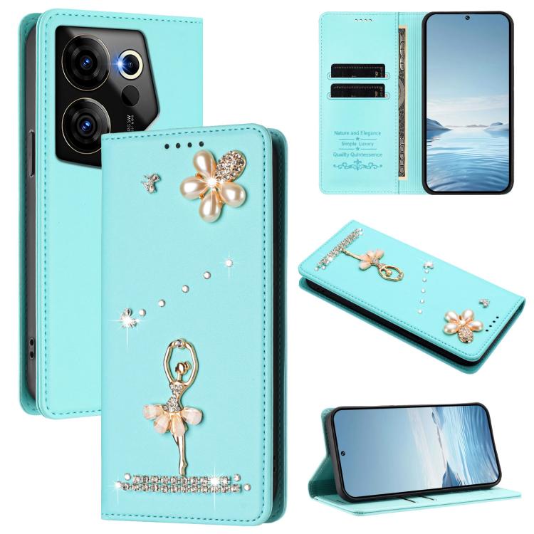 Ballet Girl Diamond Studded RFID Vegan Leather Phone Case, For Tecno Camon 20 Premier, For Tecno Camon 20 Pro 5G, For Tecno Camon 20 Pro 4G / Camon 20 4G, For Tecno Pop 7 Pro, For Tecno Spark 10 5G, For Tecno Spark 10C / Spark 10                       ...