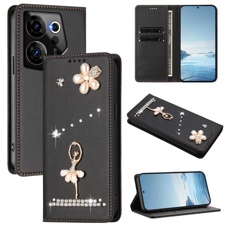 Ballet Girl Diamond Studded RFID Vegan Leather Phone Case, For Tecno Camon 20 Premier, For Tecno Camon 20 Pro 5G, For Tecno Camon 20 Pro 4G / Camon 20 4G, For Tecno Pop 7 Pro, For Tecno Spark 10 5G, For Tecno Spark 10C / Spark 10                       ...