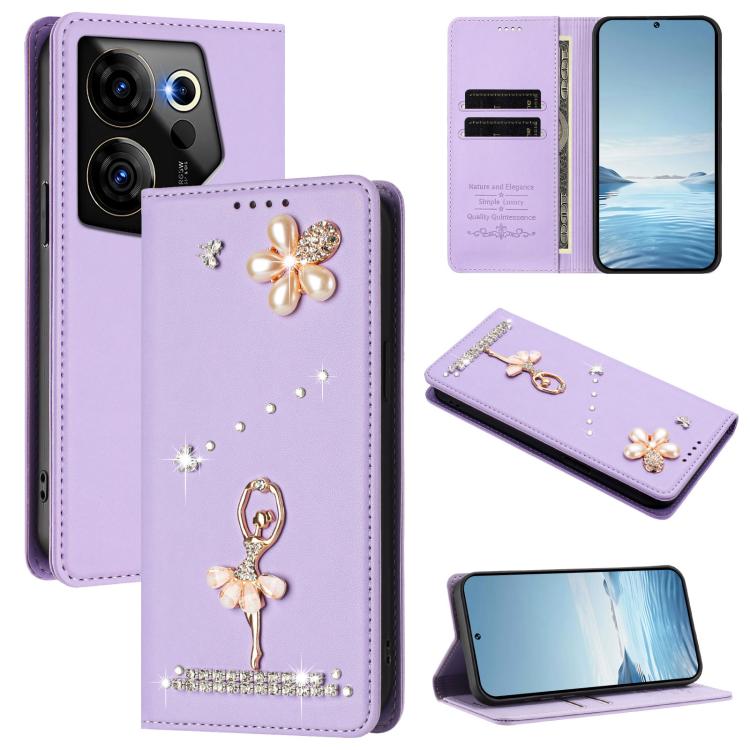 Ballet Girl Diamond Studded RFID Vegan Leather Phone Case, For Tecno Camon 20 Premier, For Tecno Camon 20 Pro 5G, For Tecno Camon 20 Pro 4G / Camon 20 4G, For Tecno Pop 7 Pro, For Tecno Spark 10 5G, For Tecno Spark 10C / Spark 10                       ...