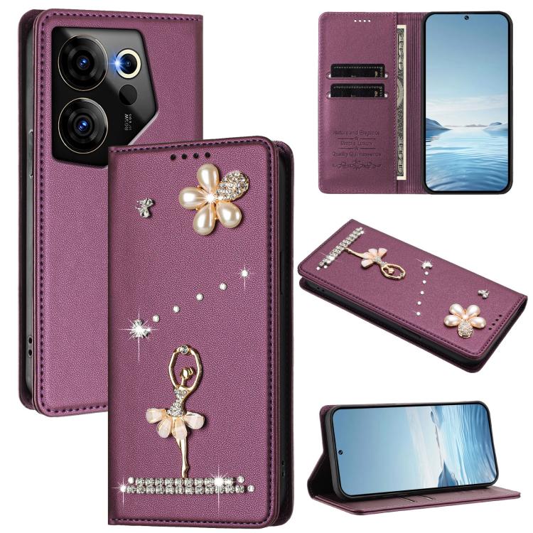 Ballet Girl Diamond Studded RFID Vegan Leather Phone Case, For Tecno Camon 20 Premier, For Tecno Camon 20 Pro 5G, For Tecno Camon 20 Pro 4G / Camon 20 4G, For Tecno Pop 7 Pro, For Tecno Spark 10 5G, For Tecno Spark 10C / Spark 10                       ...