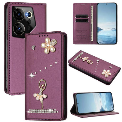 Ballet Girl Diamond Studded RFID Vegan Leather Phone Case, For Tecno Camon 20 Premier, For Tecno Camon 20 Pro 5G, For Tecno Camon 20 Pro 4G / Camon 20 4G, For Tecno Pop 7 Pro, For Tecno Spark 10 5G, For Tecno Spark 10C / Spark 10                       ...