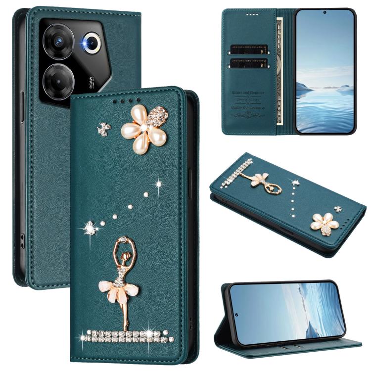 Ballet Girl Diamond Studded RFID Vegan Leather Phone Case, For Tecno Camon 20 Premier, For Tecno Camon 20 Pro 5G, For Tecno Camon 20 Pro 4G / Camon 20 4G, For Tecno Pop 7 Pro, For Tecno Spark 10 5G, For Tecno Spark 10C / Spark 10                       ...