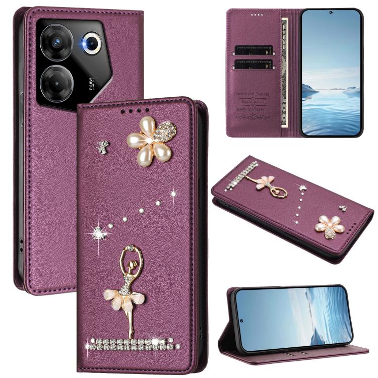 Ballet Girl Diamond Studded RFID Vegan Leather Phone Case, For Tecno Camon 20 Premier, For Tecno Camon 20 Pro 5G, For Tecno Camon 20 Pro 4G / Camon 20 4G, For Tecno Pop 7 Pro, For Tecno Spark 10 5G, For Tecno Spark 10C / Spark 10                       ...