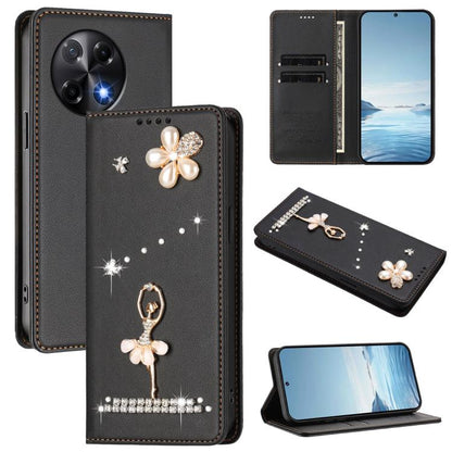 Ballet Girl Diamond Studded RFID Vegan Leather Phone Case, For Tecno Spark Go 1, For Tecno Camon 40 Pro, For Tecno Camon 40 Premier, For Tecno Camon 40, For Tecno Spark 30C 5G / Pop 9 5G, For Tecno Camon 30S / 30S Pro                                   ...