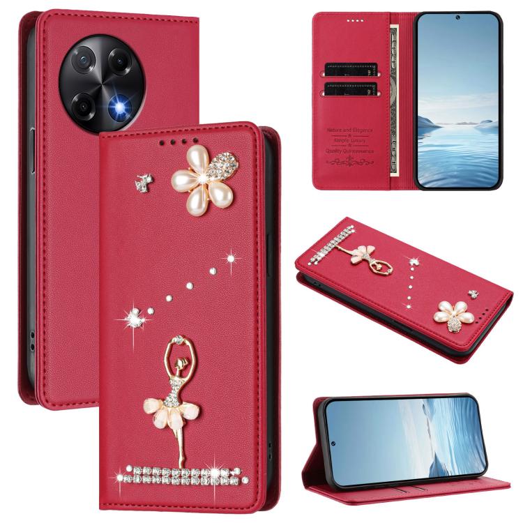 Ballet Girl Diamond Studded RFID Vegan Leather Phone Case, For Tecno Spark Go 1, For Tecno Camon 40 Pro, For Tecno Camon 40 Premier, For Tecno Camon 40, For Tecno Spark 30C 5G / Pop 9 5G, For Tecno Camon 30S / 30S Pro                                   ...