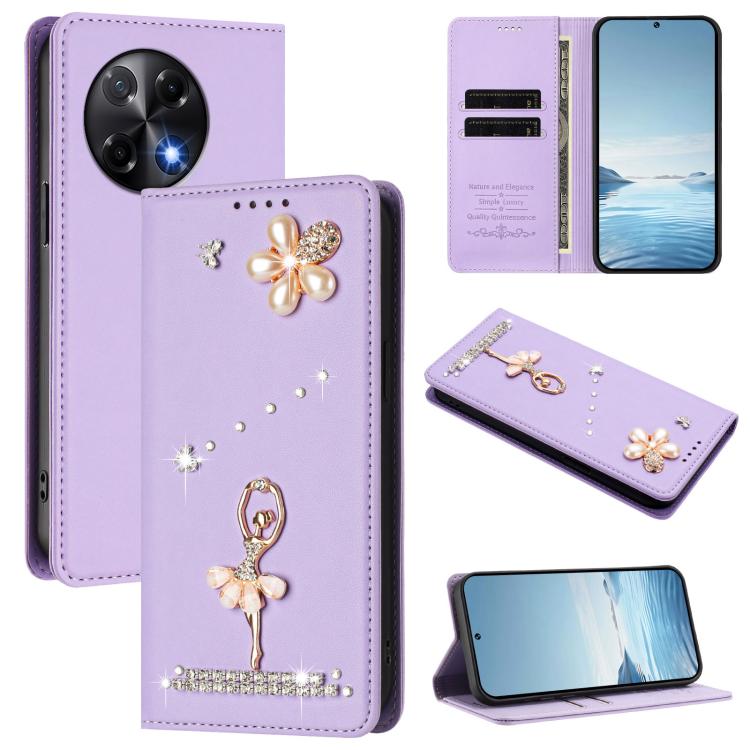 Ballet Girl Diamond Studded RFID Vegan Leather Phone Case, For Tecno Spark Go 1, For Tecno Camon 40 Pro, For Tecno Camon 40 Premier, For Tecno Camon 40, For Tecno Spark 30C 5G / Pop 9 5G, For Tecno Camon 30S / 30S Pro                                   ...