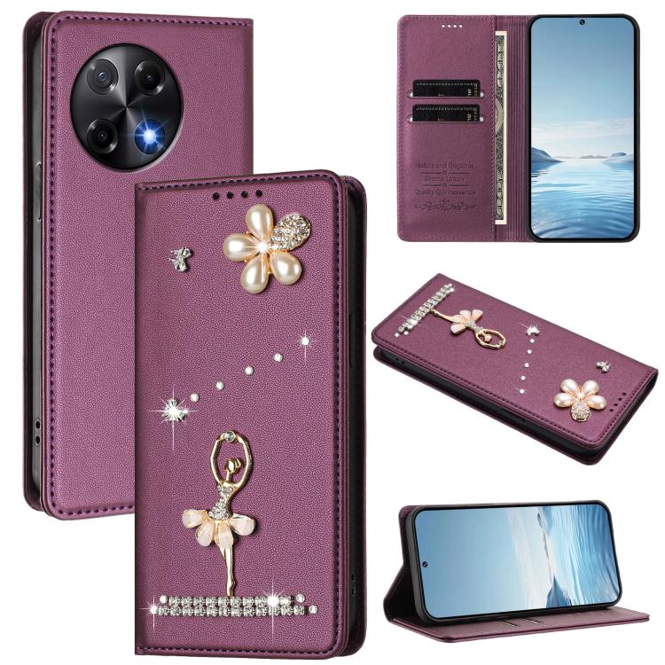 Ballet Girl Diamond Studded RFID Vegan Leather Phone Case, For Tecno Spark Go 1, For Tecno Camon 40 Pro, For Tecno Camon 40 Premier, For Tecno Camon 40, For Tecno Spark 30C 5G / Pop 9 5G, For Tecno Camon 30S / 30S Pro                                   ...