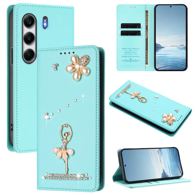 Ballet Girl Diamond Studded RFID Vegan Leather Phone Case, For Tecno Spark Go 1, For Tecno Camon 40 Pro, For Tecno Camon 40 Premier, For Tecno Camon 40, For Tecno Spark 30C 5G / Pop 9 5G, For Tecno Camon 30S / 30S Pro                                   ...