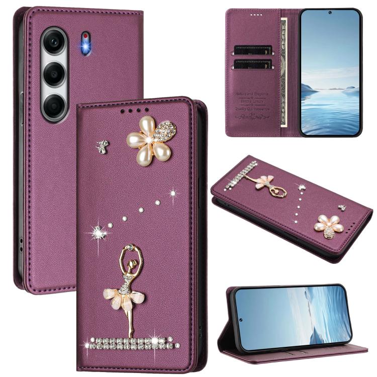 Ballet Girl Diamond Studded RFID Vegan Leather Phone Case, For Tecno Spark Go 1, For Tecno Camon 40 Pro, For Tecno Camon 40 Premier, For Tecno Camon 40, For Tecno Spark 30C 5G / Pop 9 5G, For Tecno Camon 30S / 30S Pro                                   ...