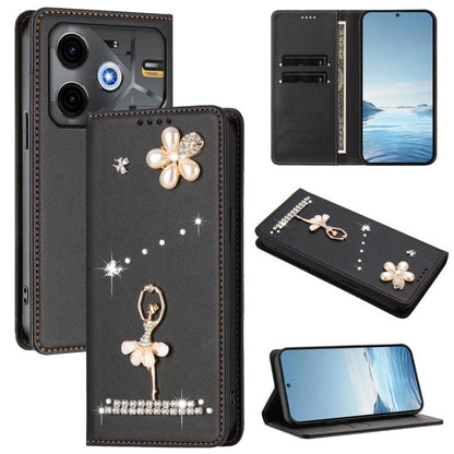 Ballet Girl Diamond Studded RFID Vegan Leather Phone Case, For Tecno Spark Go 1, For Tecno Camon 40 Pro, For Tecno Camon 40 Premier, For Tecno Camon 40, For Tecno Spark 30C 5G / Pop 9 5G, For Tecno Camon 30S / 30S Pro                                   ...