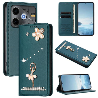 Ballet Girl Diamond Studded RFID Vegan Leather Phone Case, For Tecno Spark Go 1, For Tecno Camon 40 Pro, For Tecno Camon 40 Premier, For Tecno Camon 40, For Tecno Spark 30C 5G / Pop 9 5G, For Tecno Camon 30S / 30S Pro                                   ...
