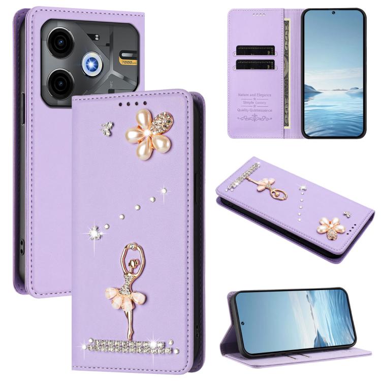 Ballet Girl Diamond Studded RFID Vegan Leather Phone Case, For Tecno Spark Go 1, For Tecno Camon 40 Pro, For Tecno Camon 40 Premier, For Tecno Camon 40, For Tecno Spark 30C 5G / Pop 9 5G, For Tecno Camon 30S / 30S Pro                                   ...