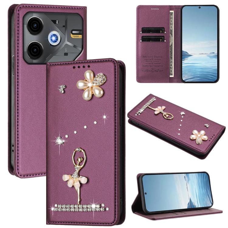 Ballet Girl Diamond Studded RFID Vegan Leather Phone Case, For Tecno Spark Go 1, For Tecno Camon 40 Pro, For Tecno Camon 40 Premier, For Tecno Camon 40, For Tecno Spark 30C 5G / Pop 9 5G, For Tecno Camon 30S / 30S Pro                                   ...