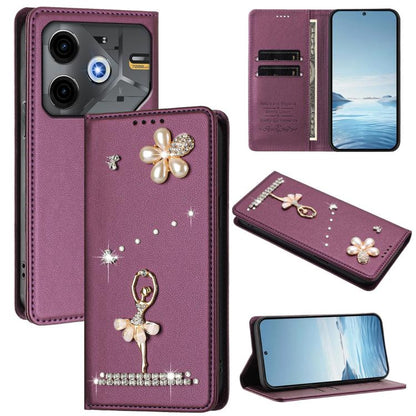 Ballet Girl Diamond Studded RFID Vegan Leather Phone Case, For Tecno Spark Go 1, For Tecno Camon 40 Pro, For Tecno Camon 40 Premier, For Tecno Camon 40, For Tecno Spark 30C 5G / Pop 9 5G, For Tecno Camon 30S / 30S Pro                                   ...