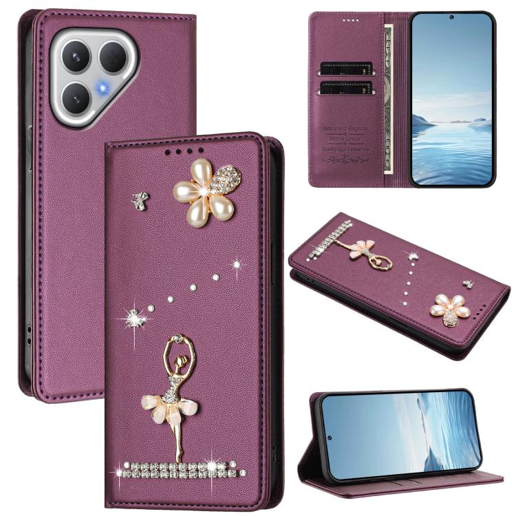Ballet Girl Diamond Studded RFID Vegan Leather Phone Case, For Tecno Spark Go 3, For Tecno Pova Slim / Spark Slim, For Tecno Spark Go 2024 / Spark 20, For Tecno Spark 40C, For Tecno Pova 7 Pro 5G, For Tecno Pop 10, For Tecno Spark 40 Pro+ 4G           ...