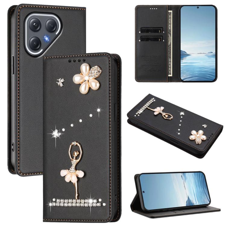 Ballet Girl Diamond Studded RFID Vegan Leather Phone Case, For Tecno Spark Go 3, For Tecno Pova Slim / Spark Slim, For Tecno Spark Go 2024 / Spark 20, For Tecno Spark 40C, For Tecno Pova 7 Pro 5G, For Tecno Pop 10, For Tecno Spark 40 Pro+ 4G           ...