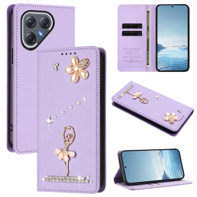 Ballet Girl Diamond Studded RFID Vegan Leather Phone Case, For Tecno Spark Go 3, For Tecno Pova Slim / Spark Slim, For Tecno Spark Go 2024 / Spark 20, For Tecno Spark 40C, For Tecno Pova 7 Pro 5G, For Tecno Pop 10, For Tecno Spark 40 Pro+ 4G           ...
