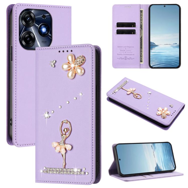Ballet Girl Diamond Studded RFID Vegan Leather Phone Case, For Tecno Camon 20 Premier, For Tecno Camon 20 Pro 5G, For Tecno Camon 20 Pro 4G / Camon 20 4G, For Tecno Pop 7 Pro, For Tecno Spark 10 5G, For Tecno Spark 10C / Spark 10                       ...