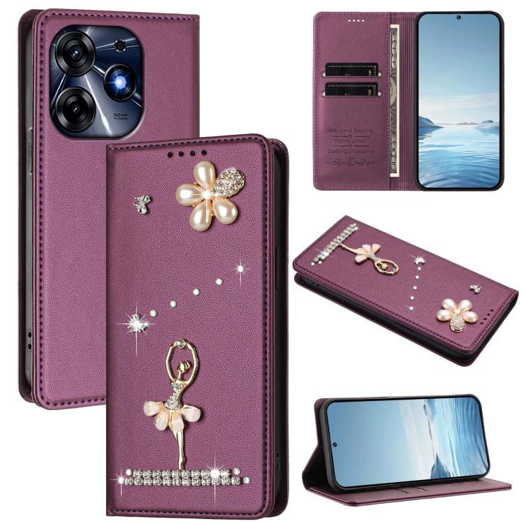 Ballet Girl Diamond Studded RFID Vegan Leather Phone Case, For Tecno Camon 20 Premier, For Tecno Camon 20 Pro 5G, For Tecno Camon 20 Pro 4G / Camon 20 4G, For Tecno Pop 7 Pro, For Tecno Spark 10 5G, For Tecno Spark 10C / Spark 10                       ...