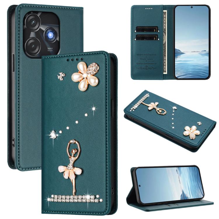 Ballet Girl Diamond Studded RFID Vegan Leather Phone Case, For Tecno Camon 20 Premier, For Tecno Camon 20 Pro 5G, For Tecno Camon 20 Pro 4G / Camon 20 4G, For Tecno Pop 7 Pro, For Tecno Spark 10 5G, For Tecno Spark 10C / Spark 10                       ...