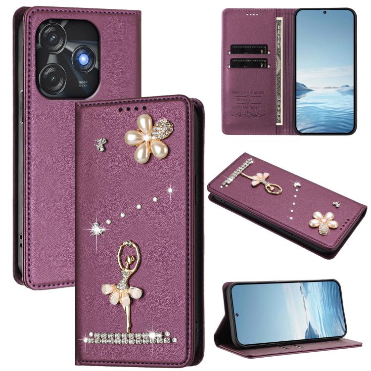 Ballet Girl Diamond Studded RFID Vegan Leather Phone Case, For Tecno Camon 20 Premier, For Tecno Camon 20 Pro 5G, For Tecno Camon 20 Pro 4G / Camon 20 4G, For Tecno Pop 7 Pro, For Tecno Spark 10 5G, For Tecno Spark 10C / Spark 10                       ...