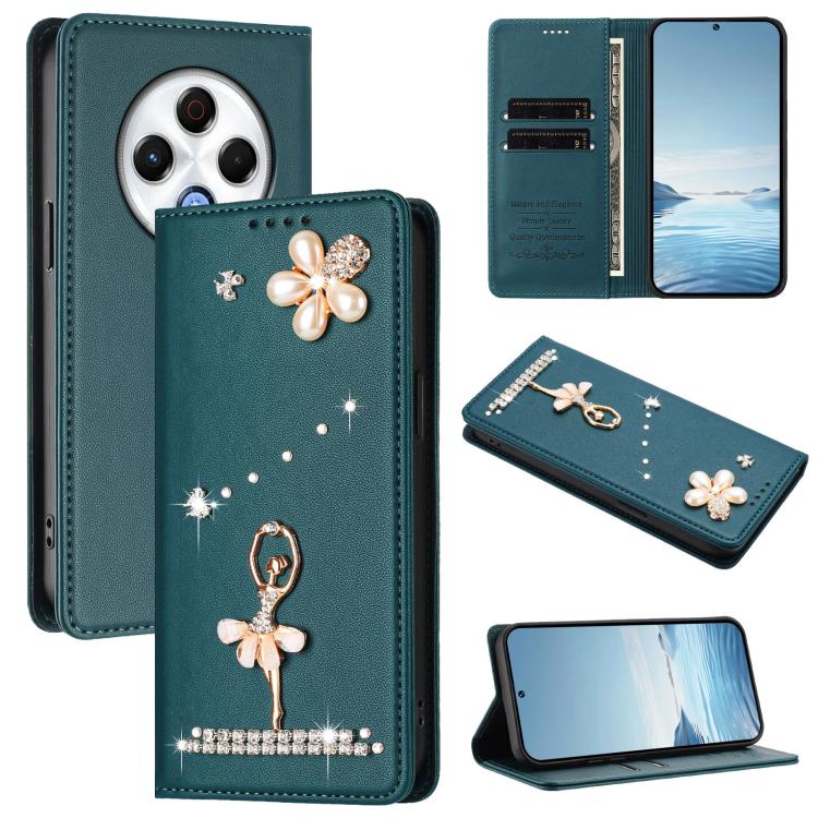 Ballet Girl Diamond Studded RFID Vegan Leather Phone Case, For Tecno Spark Go 1, For Tecno Camon 40 Pro, For Tecno Camon 40 Premier, For Tecno Camon 40, For Tecno Spark 30C 5G / Pop 9 5G, For Tecno Camon 30S / 30S Pro                                   ...