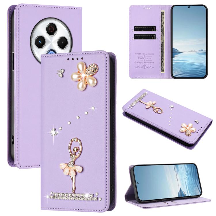 Ballet Girl Diamond Studded RFID Vegan Leather Phone Case, For Tecno Spark Go 1, For Tecno Camon 40 Pro, For Tecno Camon 40 Premier, For Tecno Camon 40, For Tecno Spark 30C 5G / Pop 9 5G, For Tecno Camon 30S / 30S Pro                                   ...