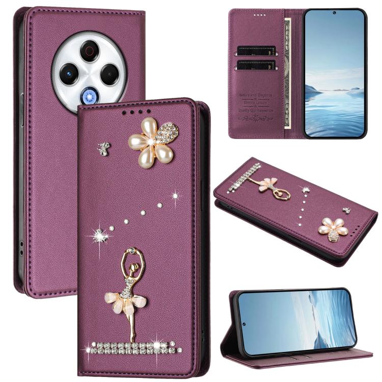 Ballet Girl Diamond Studded RFID Vegan Leather Phone Case, For Tecno Spark Go 1, For Tecno Camon 40 Pro, For Tecno Camon 40 Premier, For Tecno Camon 40, For Tecno Spark 30C 5G / Pop 9 5G, For Tecno Camon 30S / 30S Pro                                   ...