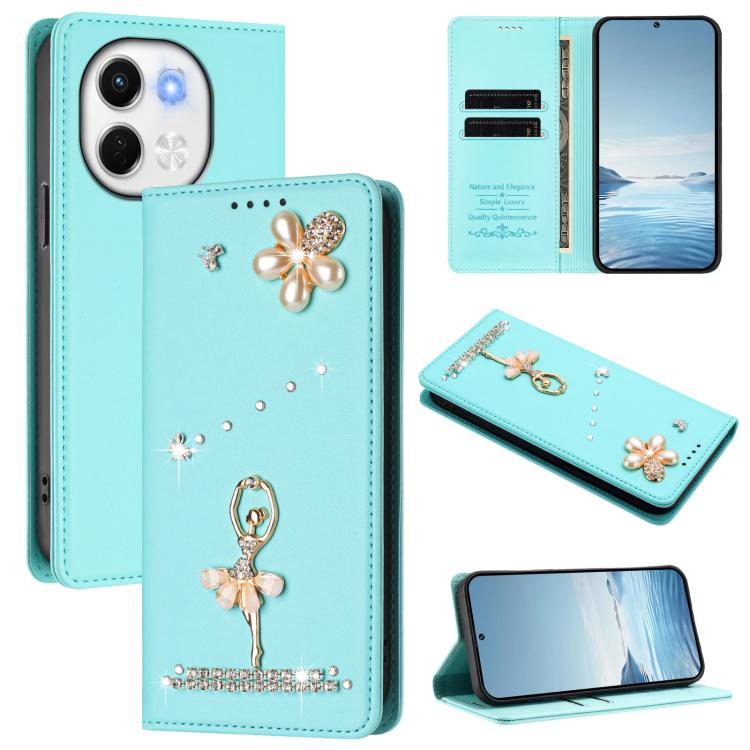 Ballet Girl Diamond Studded RFID Vegan Leather Phone Case, For Tecno Spark Go 1, For Tecno Camon 40 Pro, For Tecno Camon 40 Premier, For Tecno Camon 40, For Tecno Spark 30C 5G / Pop 9 5G, For Tecno Camon 30S / 30S Pro                                   ...