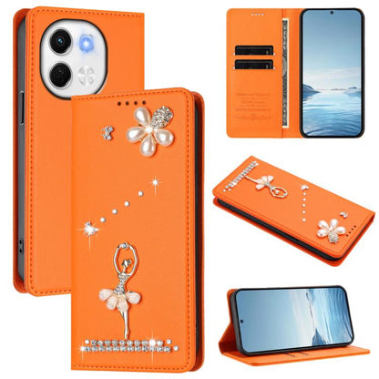 Ballet Girl Diamond Studded RFID Vegan Leather Phone Case, For Tecno Spark Go 1, For Tecno Camon 40 Pro, For Tecno Camon 40 Premier, For Tecno Camon 40, For Tecno Spark 30C 5G / Pop 9 5G, For Tecno Camon 30S / 30S Pro                                   ...