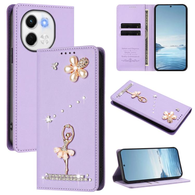 Ballet Girl Diamond Studded RFID Vegan Leather Phone Case, For Tecno Spark Go 1, For Tecno Camon 40 Pro, For Tecno Camon 40 Premier, For Tecno Camon 40, For Tecno Spark 30C 5G / Pop 9 5G, For Tecno Camon 30S / 30S Pro                                   ...