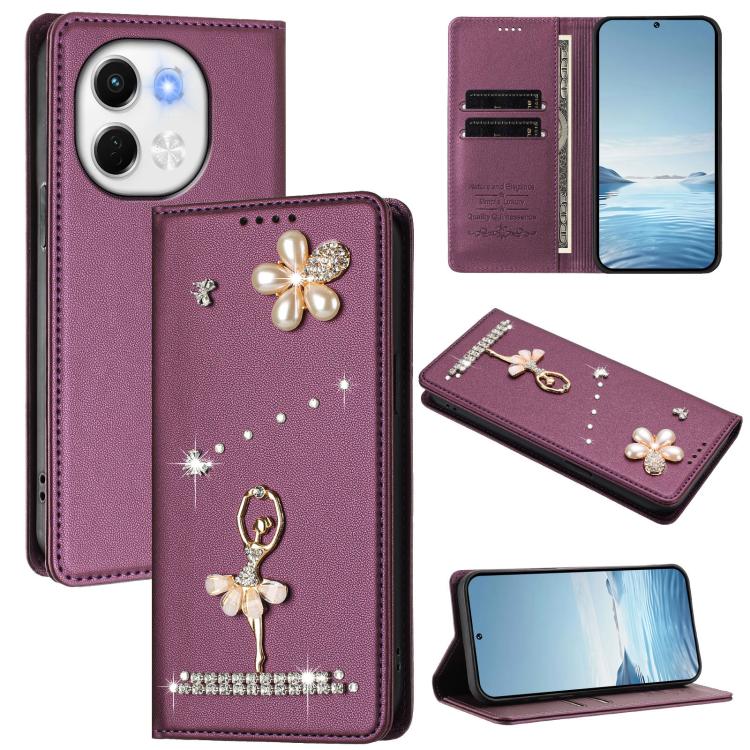 Ballet Girl Diamond Studded RFID Vegan Leather Phone Case, For Tecno Spark Go 1, For Tecno Camon 40 Pro, For Tecno Camon 40 Premier, For Tecno Camon 40, For Tecno Spark 30C 5G / Pop 9 5G, For Tecno Camon 30S / 30S Pro                                   ...