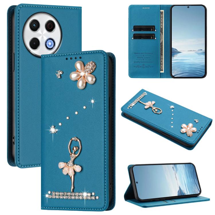 Ballet Girl Diamond Studded RFID Vegan Leather Phone Case, For Tecno Spark Go 1, For Tecno Camon 40 Pro, For Tecno Camon 40 Premier, For Tecno Camon 40, For Tecno Spark 30C 5G / Pop 9 5G, For Tecno Camon 30S / 30S Pro                                   ...