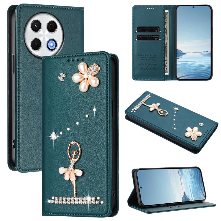 Ballet Girl Diamond Studded RFID Vegan Leather Phone Case, For Tecno Spark Go 1, For Tecno Camon 40 Pro, For Tecno Camon 40 Premier, For Tecno Camon 40, For Tecno Spark 30C 5G / Pop 9 5G, For Tecno Camon 30S / 30S Pro                                   ...