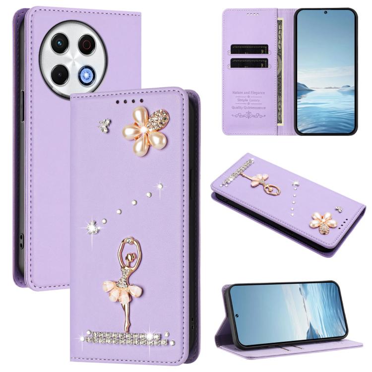 Ballet Girl Diamond Studded RFID Vegan Leather Phone Case, For Tecno Spark Go 1, For Tecno Camon 40 Pro, For Tecno Camon 40 Premier, For Tecno Camon 40, For Tecno Spark 30C 5G / Pop 9 5G, For Tecno Camon 30S / 30S Pro                                   ...
