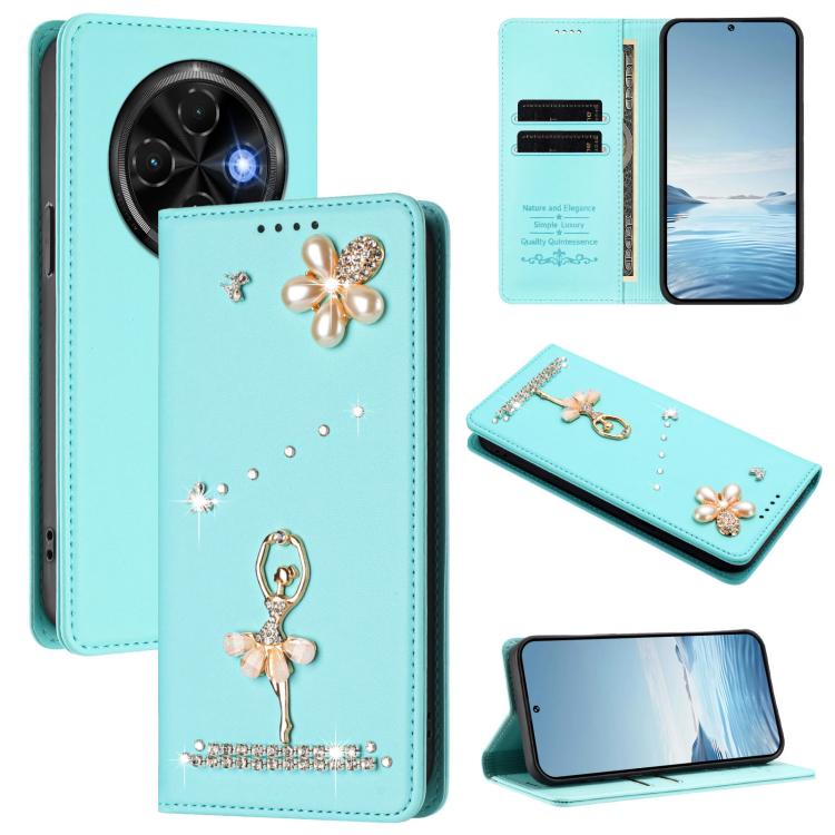 Ballet Girl Diamond Studded RFID Vegan Leather Phone Case, For Tecno Spark Go 1, For Tecno Camon 40 Pro, For Tecno Camon 40 Premier, For Tecno Camon 40, For Tecno Spark 30C 5G / Pop 9 5G, For Tecno Camon 30S / 30S Pro                                   ...