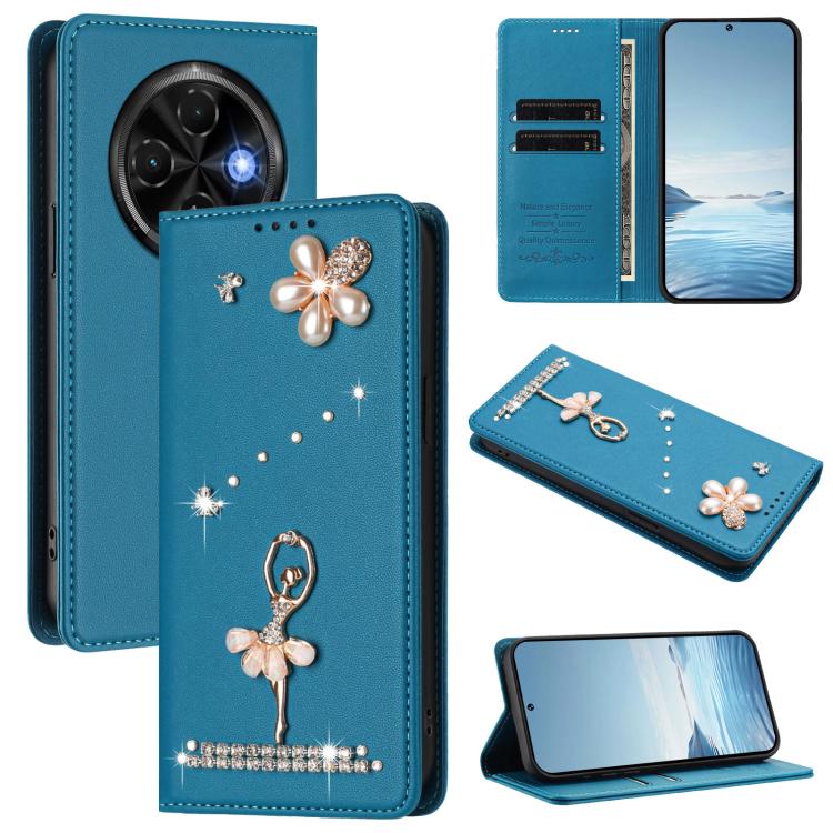 Ballet Girl Diamond Studded RFID Vegan Leather Phone Case, For Tecno Spark Go 1, For Tecno Camon 40 Pro, For Tecno Camon 40 Premier, For Tecno Camon 40, For Tecno Spark 30C 5G / Pop 9 5G, For Tecno Camon 30S / 30S Pro                                   ...