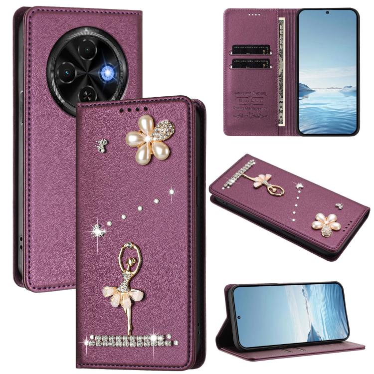 Ballet Girl Diamond Studded RFID Vegan Leather Phone Case, For Tecno Spark Go 1, For Tecno Camon 40 Pro, For Tecno Camon 40 Premier, For Tecno Camon 40, For Tecno Spark 30C 5G / Pop 9 5G, For Tecno Camon 30S / 30S Pro                                   ...