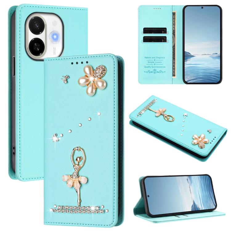 Ballet Girl Diamond Studded RFID Vegan Leather Phone Case, For Tecno Spark Go 1, For Tecno Camon 40 Pro, For Tecno Camon 40 Premier, For Tecno Camon 40, For Tecno Spark 30C 5G / Pop 9 5G, For Tecno Camon 30S / 30S Pro                                   ...
