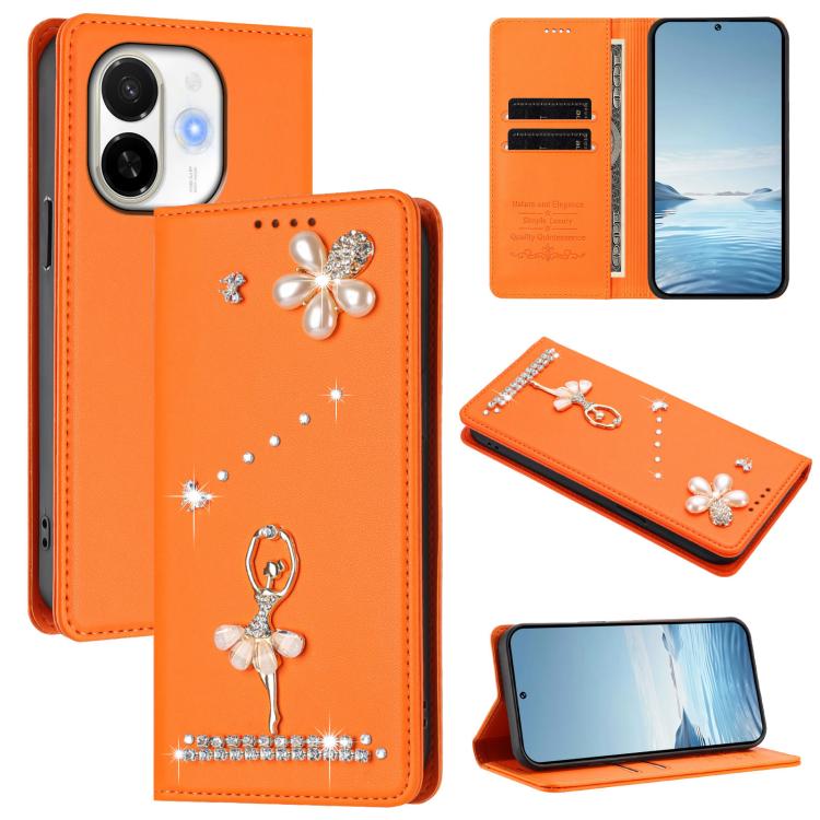 Ballet Girl Diamond Studded RFID Vegan Leather Phone Case, For Tecno Spark Go 1, For Tecno Camon 40 Pro, For Tecno Camon 40 Premier, For Tecno Camon 40, For Tecno Spark 30C 5G / Pop 9 5G, For Tecno Camon 30S / 30S Pro                                   ...