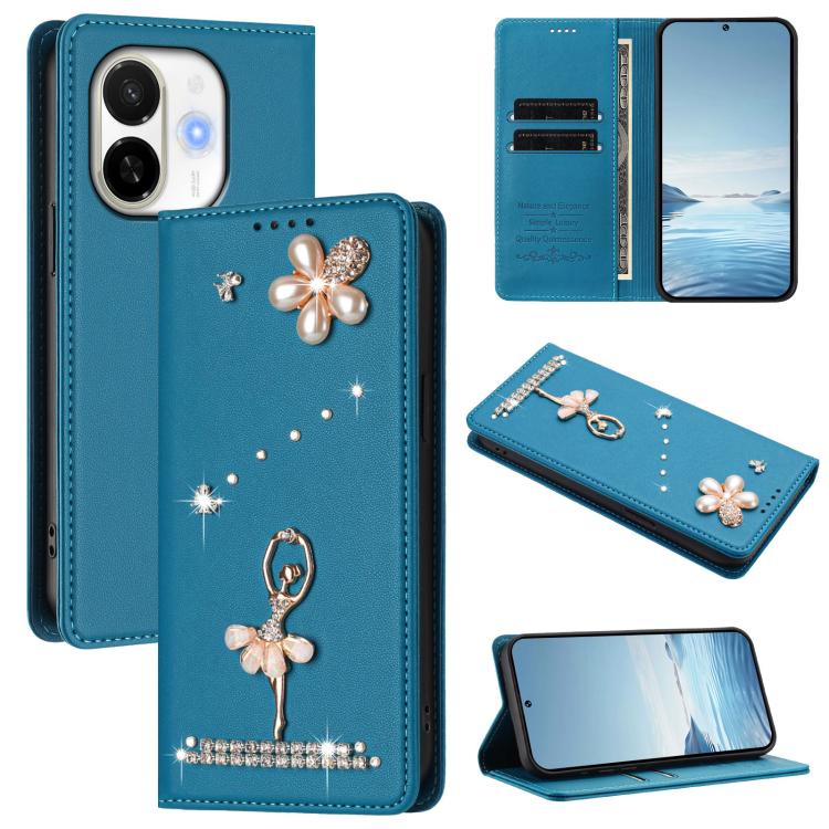 Ballet Girl Diamond Studded RFID Vegan Leather Phone Case, For Tecno Spark Go 1, For Tecno Camon 40 Pro, For Tecno Camon 40 Premier, For Tecno Camon 40, For Tecno Spark 30C 5G / Pop 9 5G, For Tecno Camon 30S / 30S Pro                                   ...