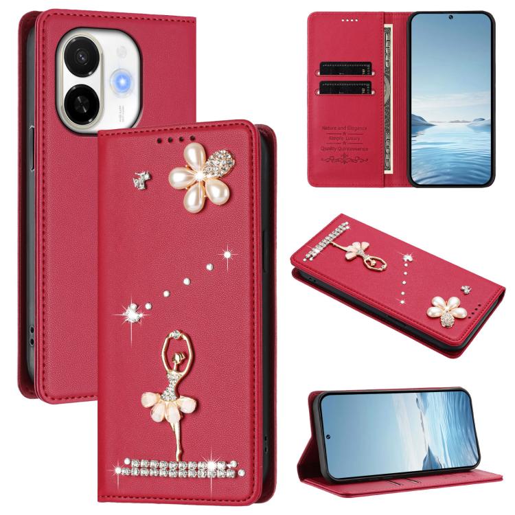 Ballet Girl Diamond Studded RFID Vegan Leather Phone Case, For Tecno Spark Go 1, For Tecno Camon 40 Pro, For Tecno Camon 40 Premier, For Tecno Camon 40, For Tecno Spark 30C 5G / Pop 9 5G, For Tecno Camon 30S / 30S Pro                                   ...